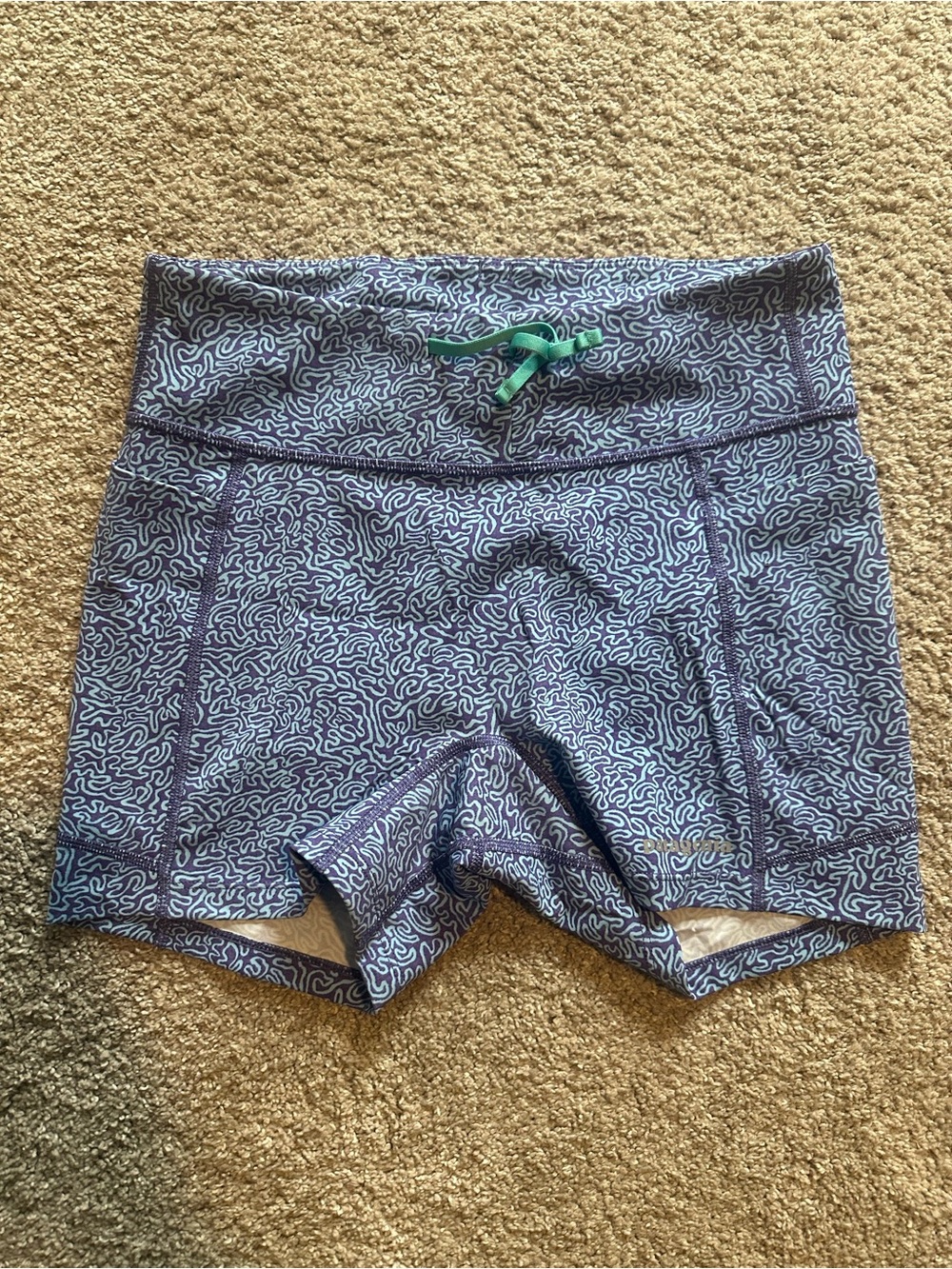 Patagonia Blue Patterned Bike Shorts with Green Drawstring